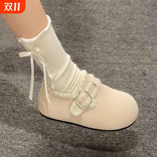 配裙子软底百搭单鞋 秋季 女2025新款 白色复古内增高厚底全包勃肯鞋