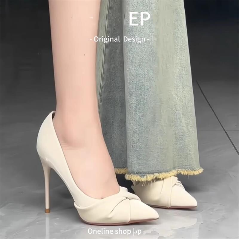 2024秋季淑女风褶皱米色浅口高跟鞋优雅气质名媛尖头礼服细跟单鞋