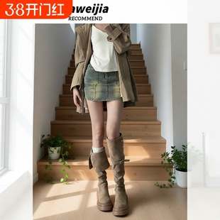 厚底长筒靴靴子女2025新款秋冬季不过膝绒面长靴女款显瘦高筒骑士