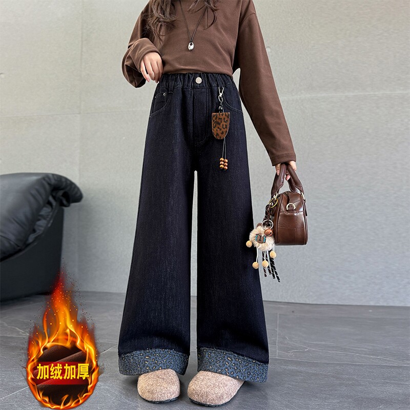 女童加绒牛仔裤冬装新款大童一体绒直筒阔腿裤儿童加厚冬季裤子潮