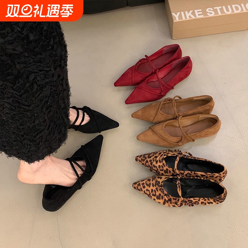 法式内增高尖头春秋季单鞋女鞋子2025新款豹纹配裙子晚晚玛丽珍鞋