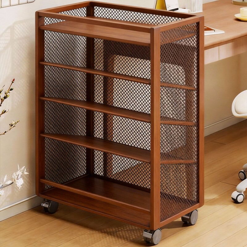 可移动置物架胡桃木色全实木卧室收纳架落地客厅沙发边多层小推车