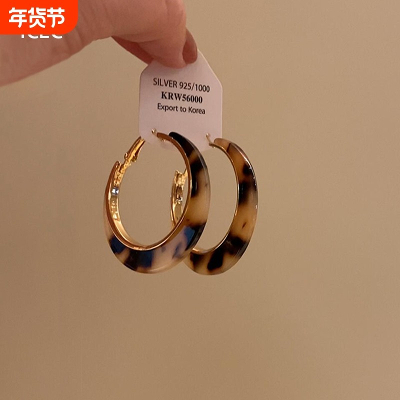 美拉德焦糖色豹纹耳饰耳环耳圈简约夸张适合脸大的复古港风几何