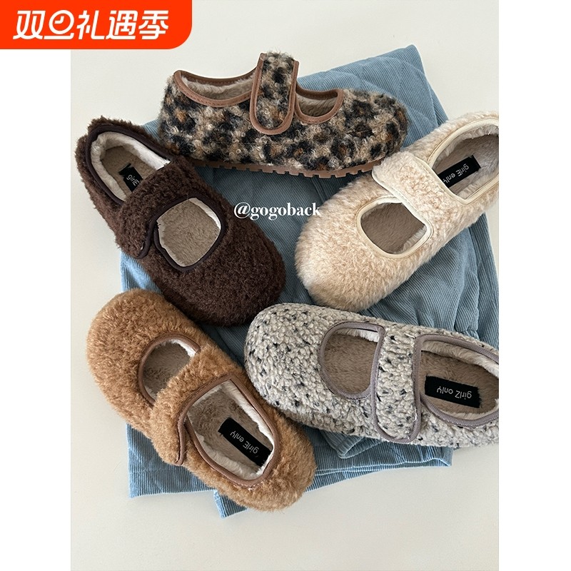 gogoback加绒玛丽珍棉鞋女冬季外穿保暖一脚蹬魔术贴毛毛单鞋灰色