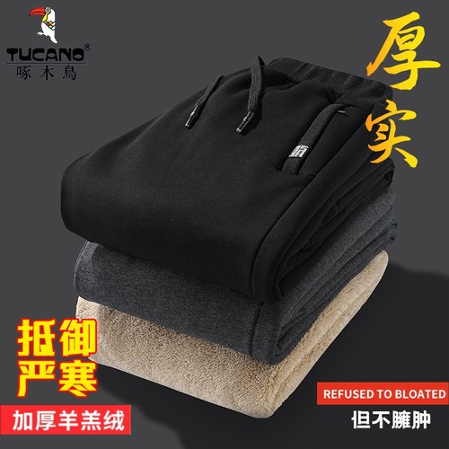 啄木鸟羊羔绒裤子男款冬季男裤加绒卫裤男士休闲运动直筒长裤棉裤