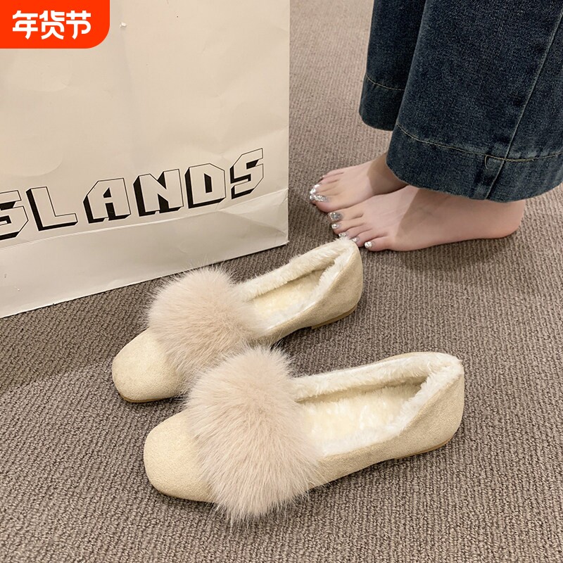 仙女风毛毛鞋女冬季外穿2025新款软底防滑加绒豆豆鞋孕妇保暖棉鞋