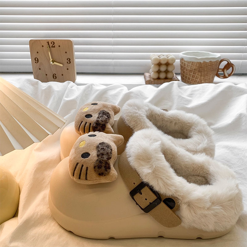 卡通kt猫加绒洞洞鞋女款2025新款秋冬外穿包头半拖鞋厚底毛毛棉拖