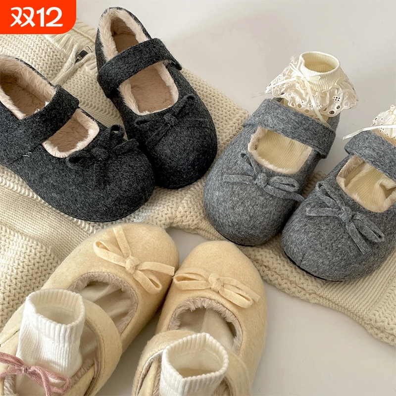 复古白色增高加绒厚底勃肯棉鞋女冬2025新款加厚保暖玛丽珍毛毛鞋