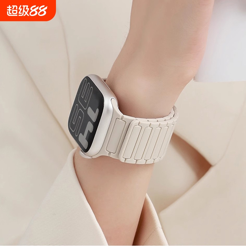 张婧仪同款适用苹果S9手表iwatch10高级感表带applewatch9磁吸S10硅胶S8腕带Ultra女SE运动8男S7夏天撞色黑色