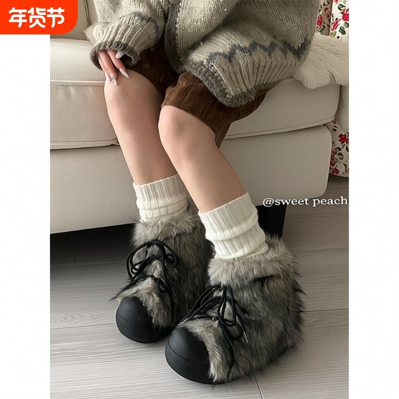 小众设计毛毛雪地靴女款2025冬季灰色加绒加厚棉靴子厚底棉鞋毛绒,女鞋,时尚雪地靴,淘宝优惠券,粉丝福利购,淘宝优惠卷