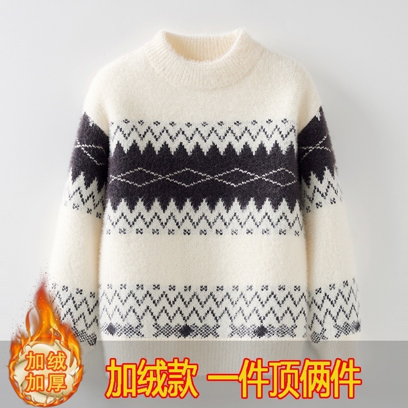 男童秋冬装水貂绒厚毛衣中大童半高领儿童冬季保暖打底加绒白色