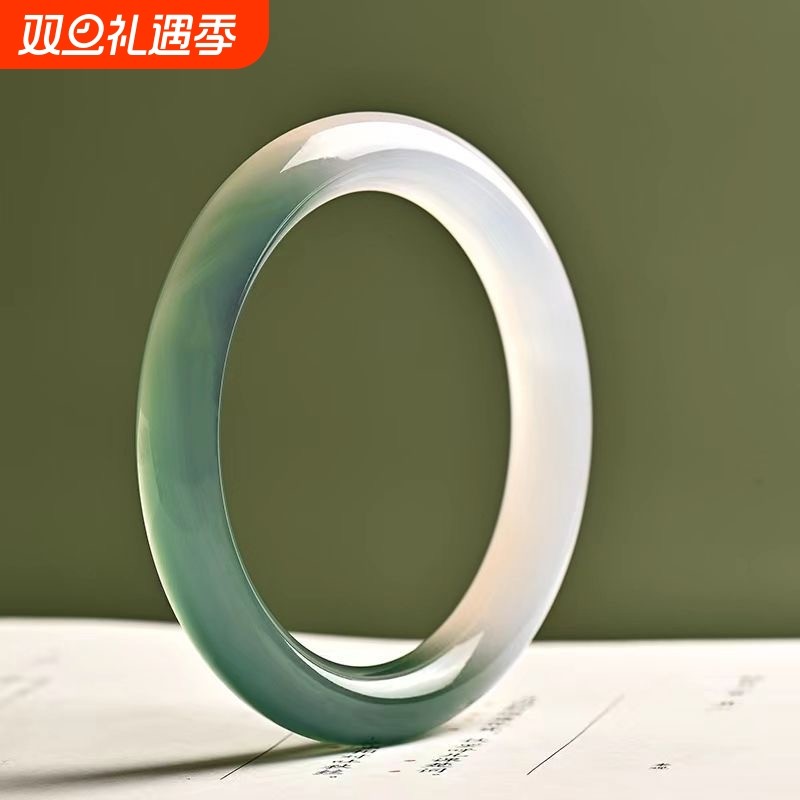 半山半水天然玛瑙手镯玉髓冰种冰透平安玉镯渐变浅绿新中式女礼物