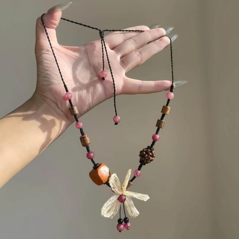 新中式花朵木质编织项链女民族风编绳锁骨链复古波西米亚配饰