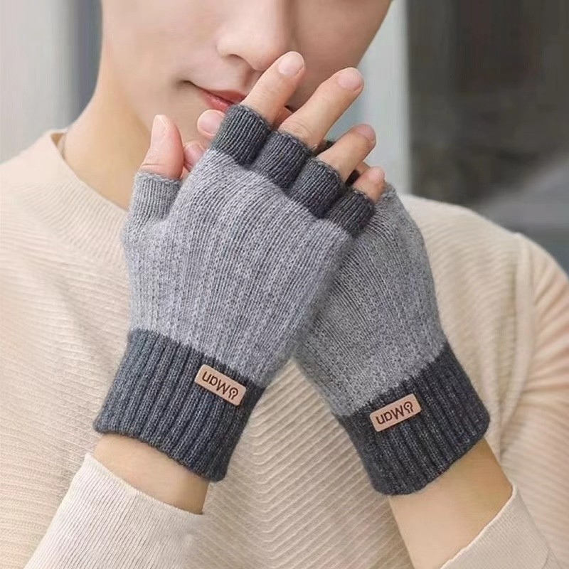 半指手套男士冬天保暖加绒加厚针织毛线露指学生写字秋冬季男触屏