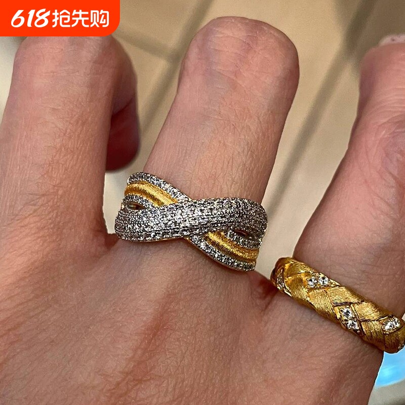 法式波浪交叉拉丝戒指时尚新潮高颜值排钻轻奢设计小众个性饰品女