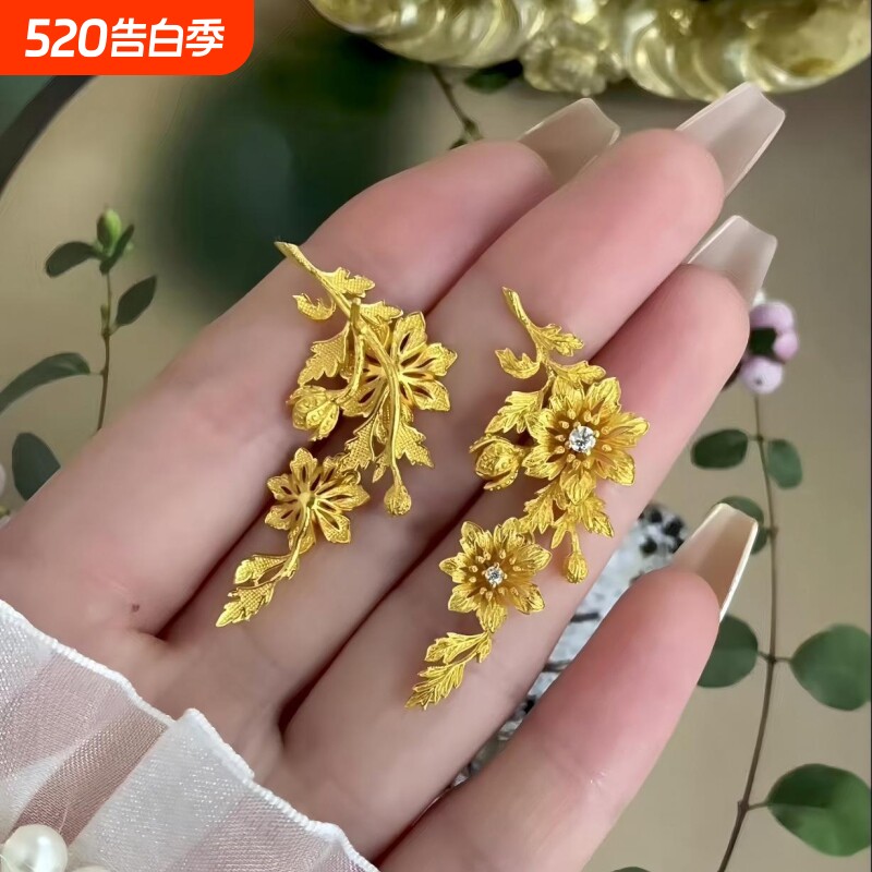 新中式气质一花一叶耳饰女古法黄金色树枝元素时尚个性耳坠首饰品