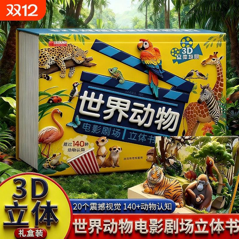 抖音同款世界动物电影剧场3D立体自然揭秘儿童科普立体书3-6岁百科全书翻翻书幼儿启蒙早教认知绘本故事书看图片认动物阅读小秘密