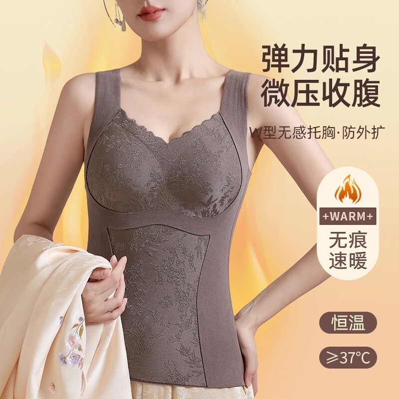 保暖背心免穿文胸加绒打底胸垫加厚秋冬女士一体式收腹新中式黑色