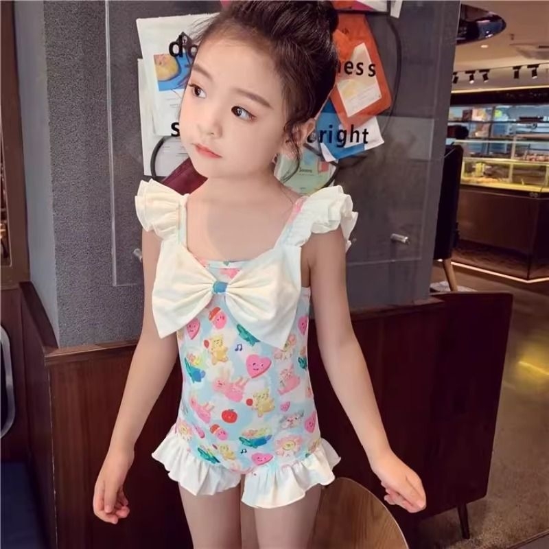 儿童泳衣女童连体中大童超短连衣裙无袖涤纶蝴蝶结2025露背绿色
