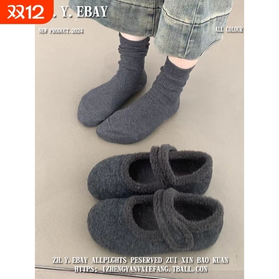 内增高厚底勃肯鞋女加绒灰色玛丽珍毛毛鞋女冬外穿韩版呢子棉鞋子