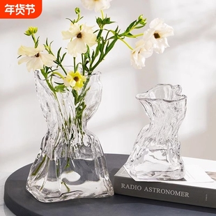 不规则玻璃花瓶透明水养鲜花客厅干花高级感ins风装饰摆件台面