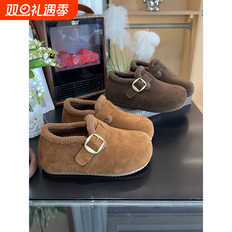 冬季加绒内增高勃肯鞋真皮厚底2025新款毛毛博肯鞋女羊毛单鞋磨砂