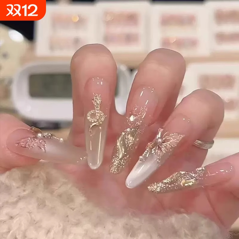 蛇2025新款高级感超穿戴甲美甲中长款杏仁法式椭圆蓝色蝴蝶结波点