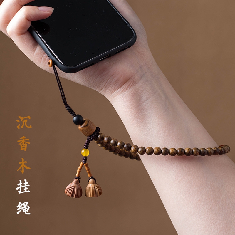 沉香木精致手机串珠短款高端中国风挂链女款挂绳加里曼丹手腕挂件挂饰吊绳天然复古