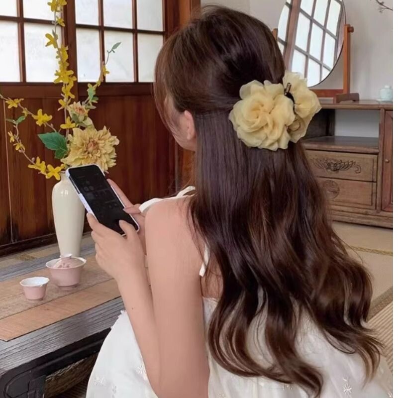 仙女超仙大花朵抓夹桃花款鲨鱼夹发饰中号紫色气质杏色温柔甜美