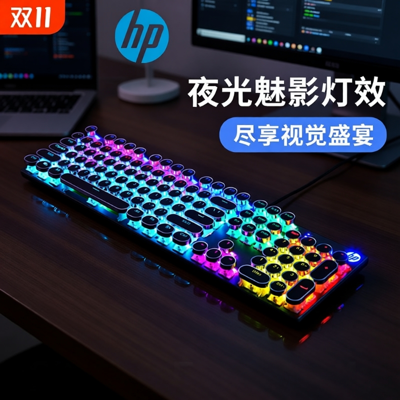 HP惠普真机械键盘鼠标青轴蒸汽朋克男女办公吃鸡游戏电竞专用茶轴