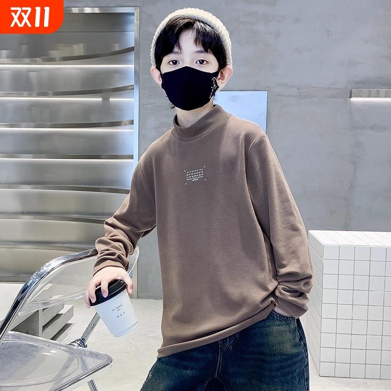 儿童装男童半高领T恤秋冬款2025新款潮中大童男孩德绒保暖打底衫