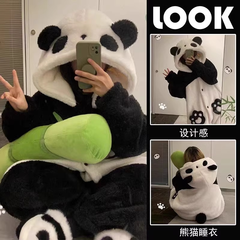 小熊猫睡衣男女加绒加厚睡袍