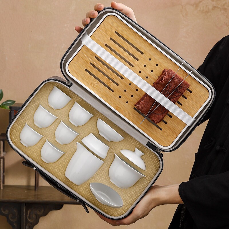 羊脂玉旅行功夫茶具套装家用陶瓷盖碗茶杯整套便携式轻奢德化白瓷