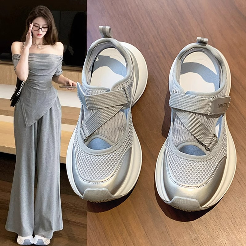 镂空透气老爹鞋女2025夏季新款增高魔术贴洞洞鞋休闲百搭运动凉鞋
