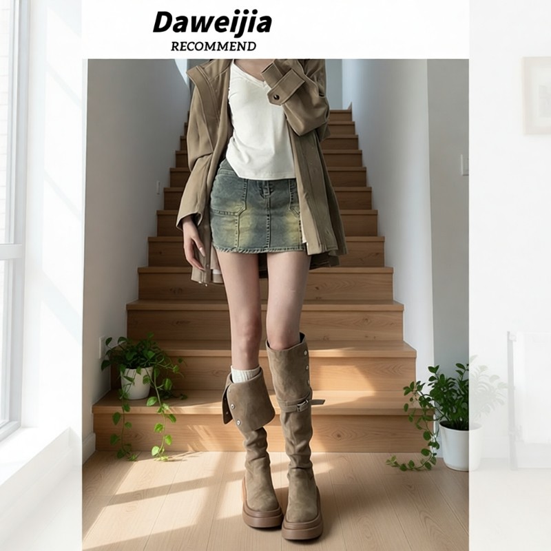 厚底长筒靴女2025新款秋冬季不过膝绒面长靴女款显瘦高筒骑士靴子