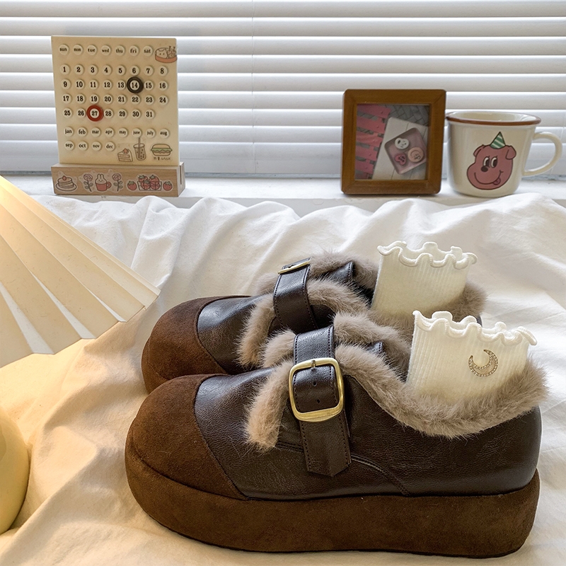 复古松糕厚底毛毛乐福鞋女2025秋冬季新款加绒雪地靴拼接勃肯棉鞋