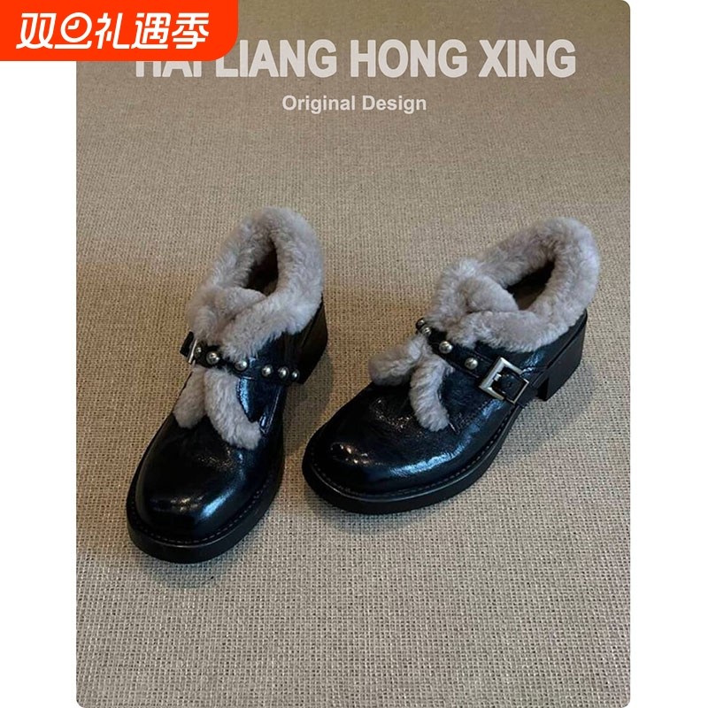 英伦风粗跟加绒乐福小皮鞋女2025秋冬新款百搭单鞋毛绒圆头中跟