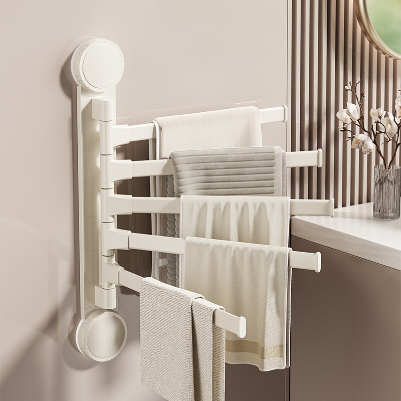 吸盘旋转毛巾架免打孔卫生间多杆折叠浴室挂壁转角毛巾杆收纳神器