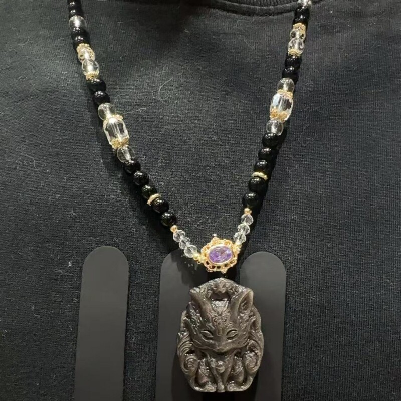 lisv天然银曜石九尾狐吊坠男女款本命年招米转运项链情侣款挂件