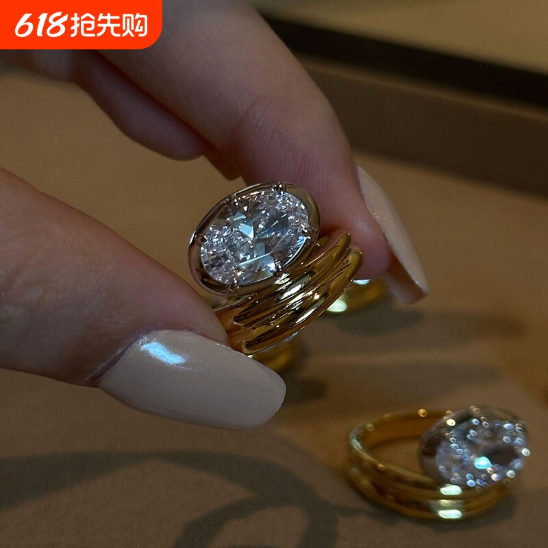 韩系不规则椭圆闪钻戒指轻奢高级感气质时尚戒指手饰品开口可调节