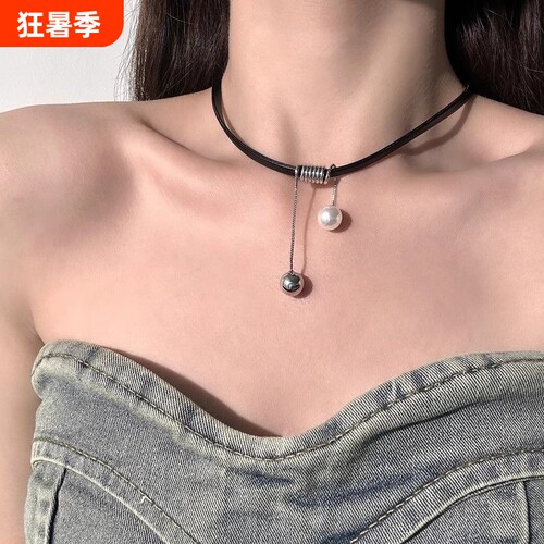 珍珠流苏皮质颈链女ins小众辣妹冷淡风脖子项链夏天简约个性choke