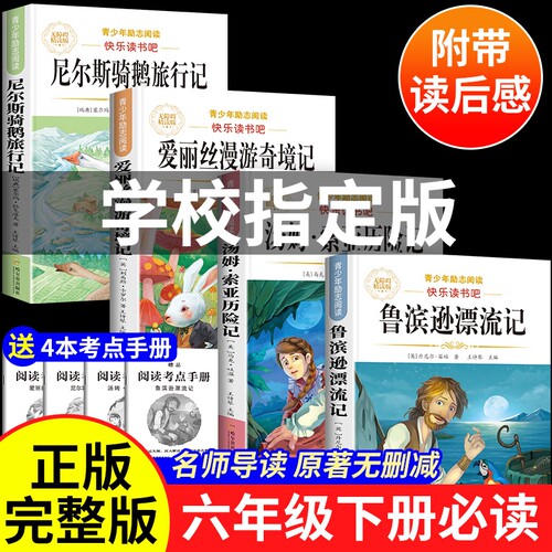 全套4册鲁滨逊漂流记完整版六年级下册必读课外书原著正版人教版快乐读书吧6六下阅读书籍汤姆索亚历险记骑鹅旅行记爱丽丝漫游奇境