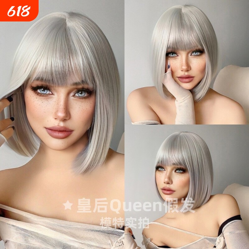 欧美假发女日常bobo自然齐刘海全头套时尚银色短发wigs逼真聚会