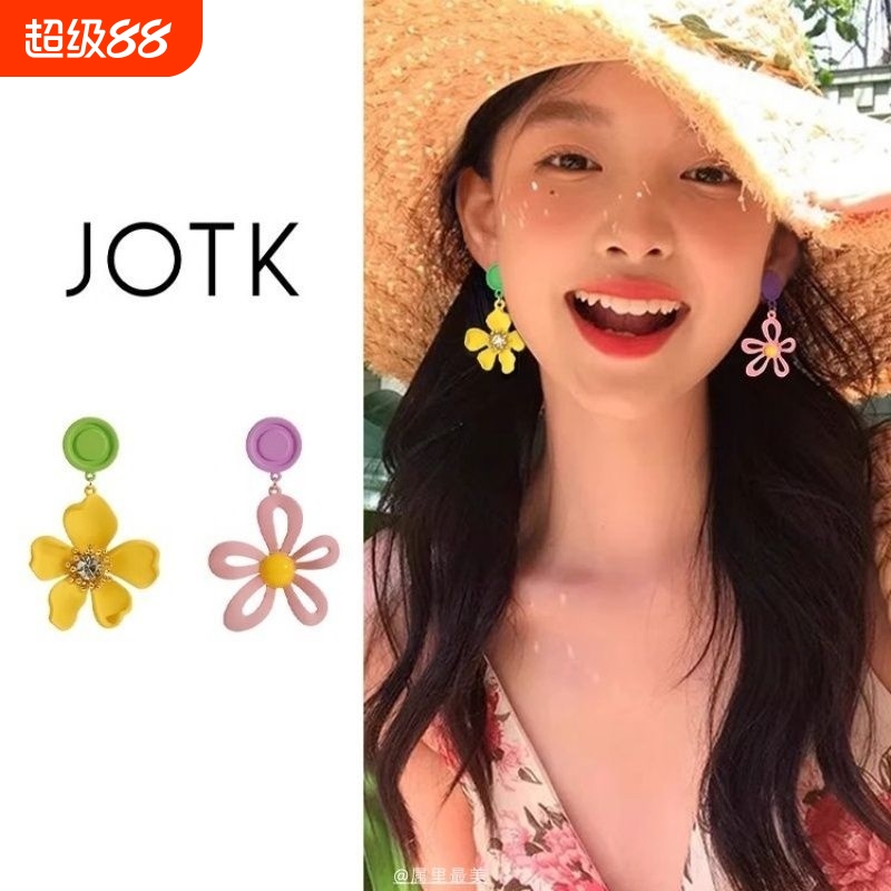 撞色不对称花朵蚊香盘耳夹女无耳洞耳环小众田园度假风多巴胺耳饰