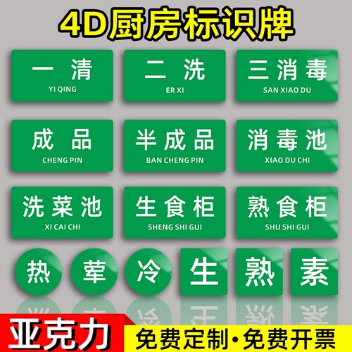 厨房亚克力标识牌一清二洗三消毒标示贴成品半成品已消毒洗菜洗肉清洗池食堂餐厅广告牌热冷生熟荤素提示牌