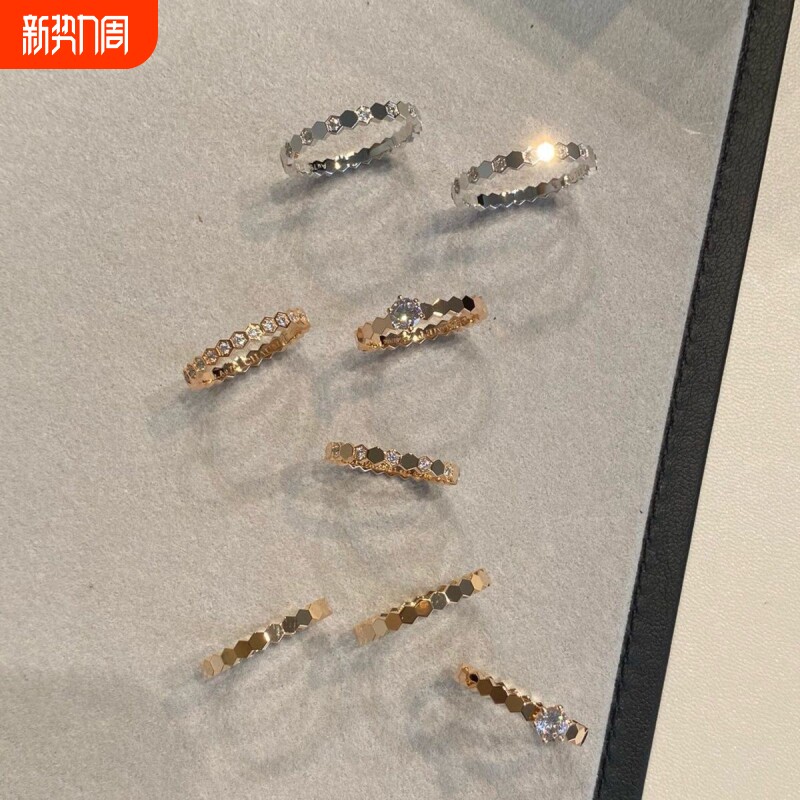 爆款蜂巢戒指女高级感满钻18k玫瑰金蜂窝叠戴排钻高级感925银指