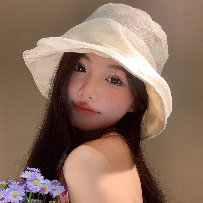 百搭显脸小水桶帽欧根纱渔夫帽女夏季日系大头围遮阳防晒帽子平顶