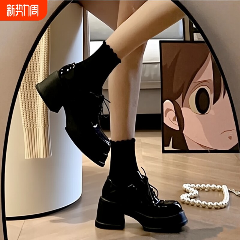 黑色厚底小皮鞋女款夏季增高粗跟玛丽珍鞋松糕学院英伦高跟乐福鞋
