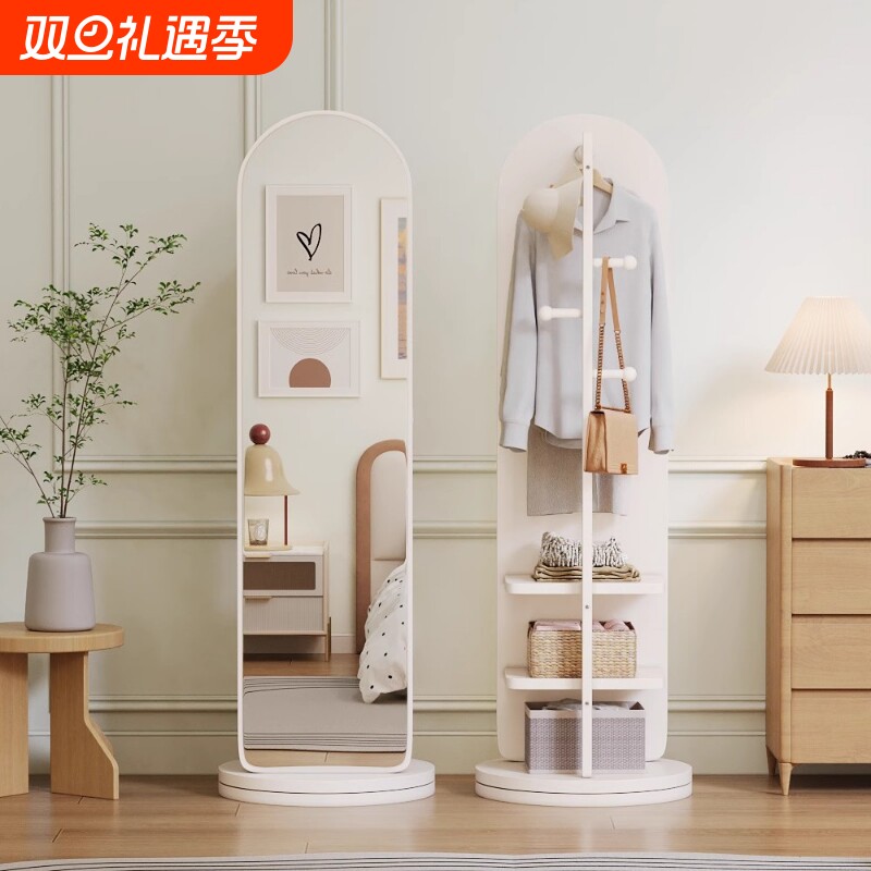 中古风全身镜落地家用衣帽架一体可旋转移动试衣镜穿衣镜子挂衣