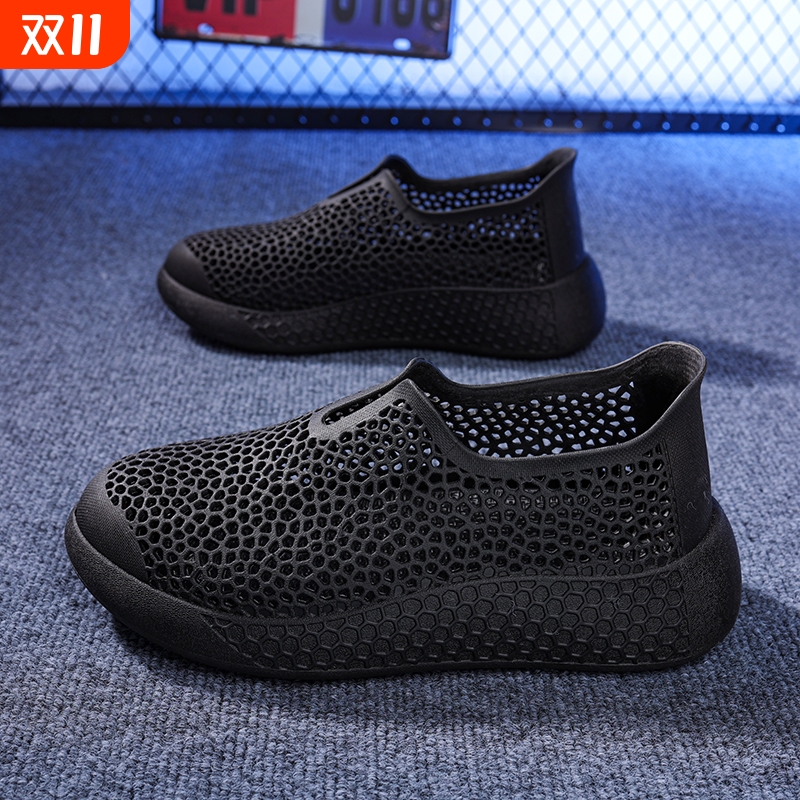 男士夏季新款运动休闲鞋3D打印男鞋镂空透气软底舒适户外洞洞鞋男